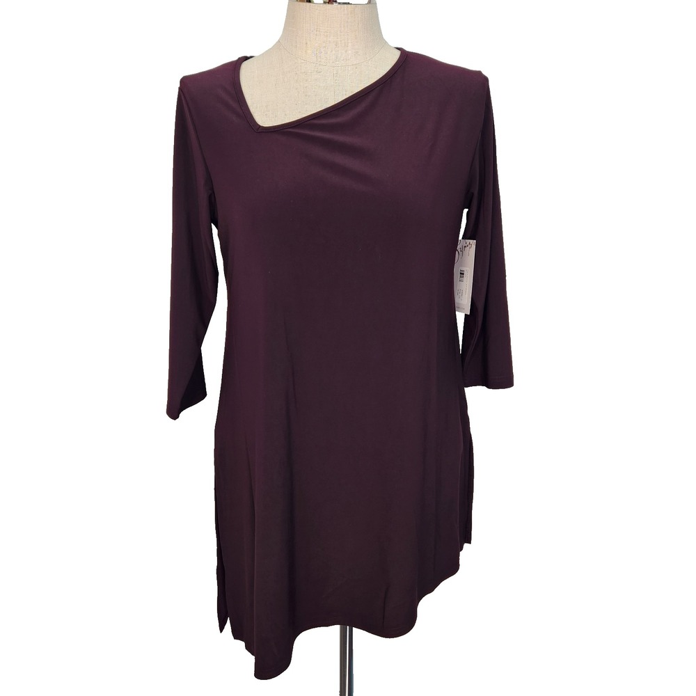 Sympli NWT Angle Tunic Womens 12 Currant Slinky 3/4 Sleeve‎ Asymmetric Neckline